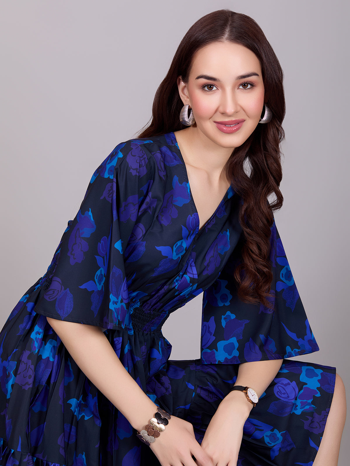 Blue V-Neck Poly Rayon Printed Dress With Kaftan Sleeve