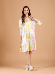 White Collared Poly Satin Printed Dress With Cuff Sleeve