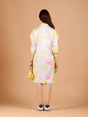 White Collared Poly Satin Printed Dress With Cuff Sleeve