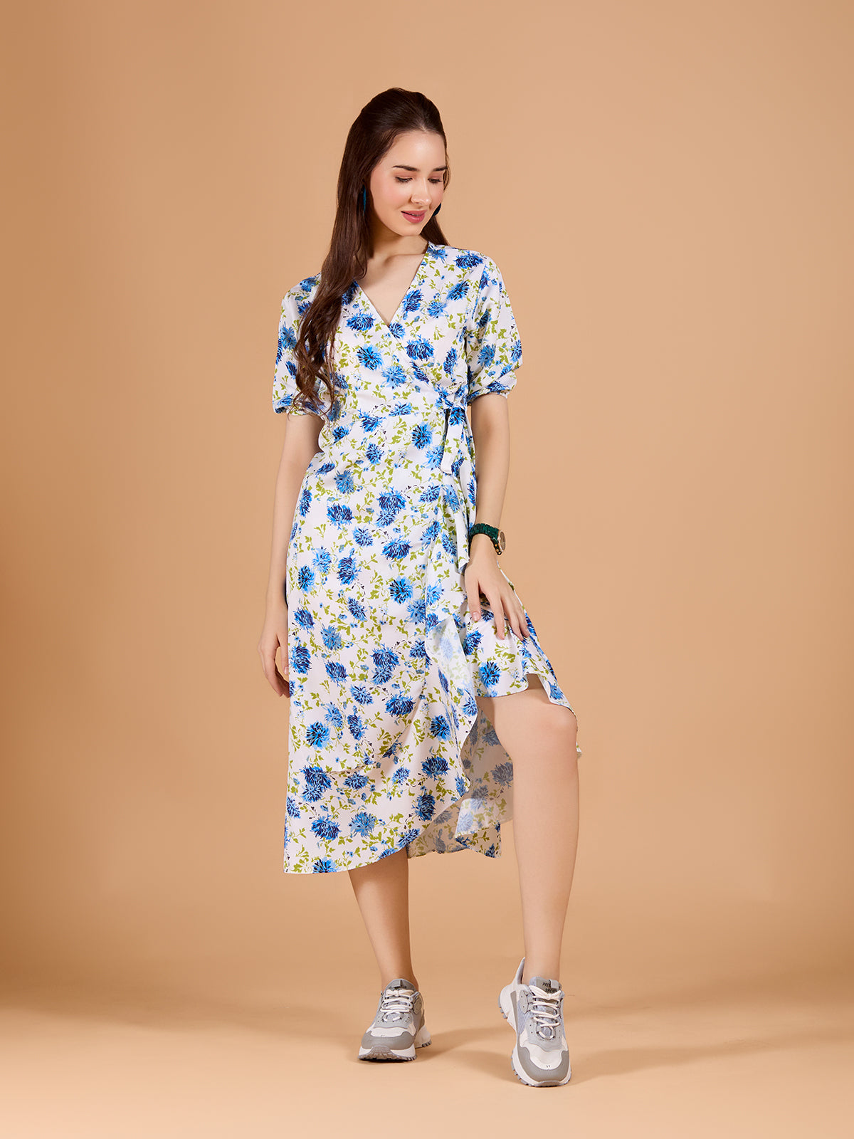 White V-Neck Poly Rayon Printed Dress With Puff Sleeves