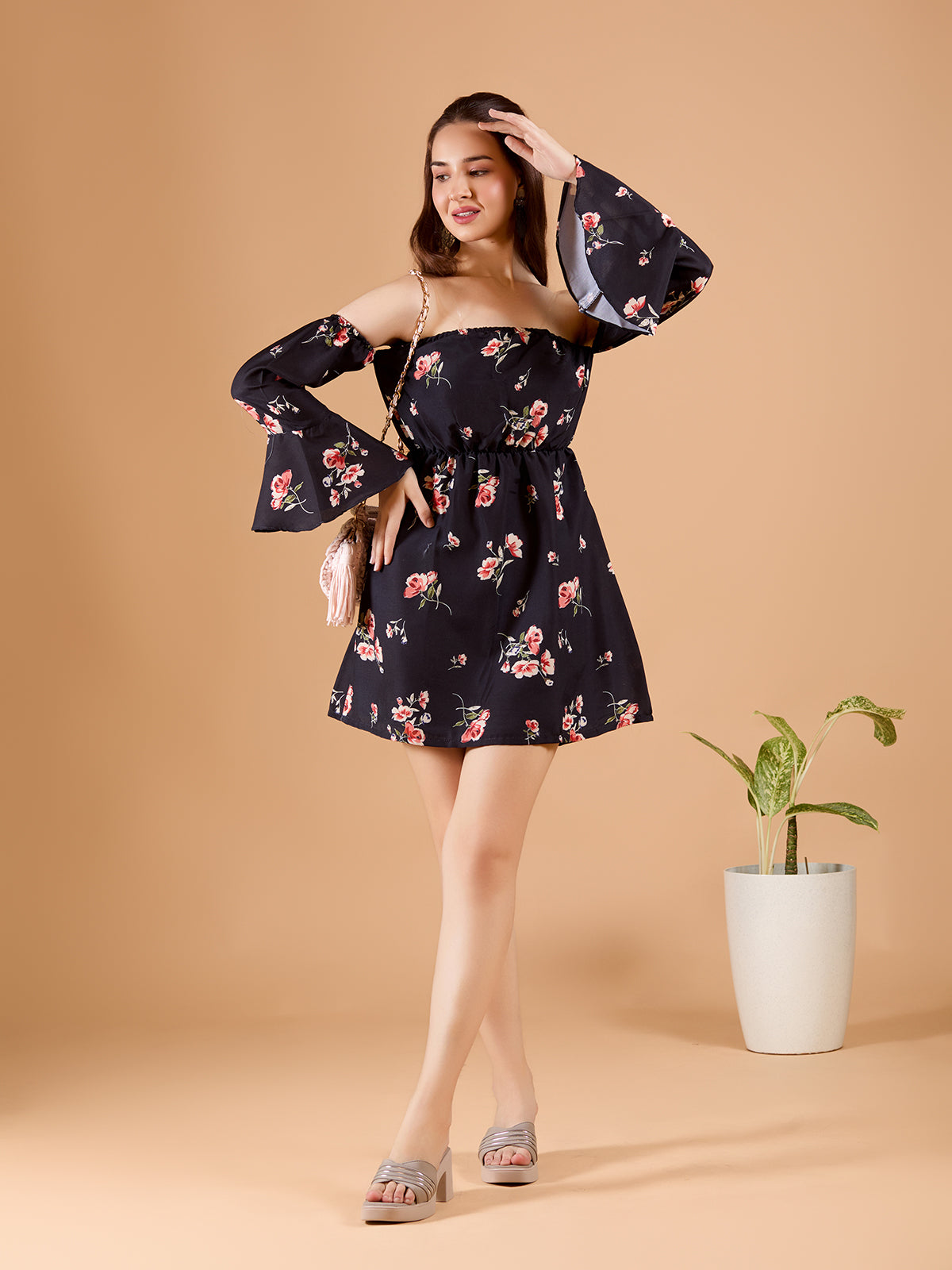 Black Tube Poly Rayon Printed Dress With Bell Sleeve