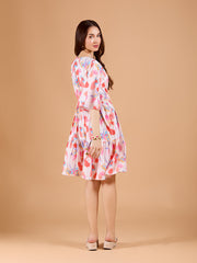 White V-Neck Poly Rayon Printed Dress With Kimono Sleeve