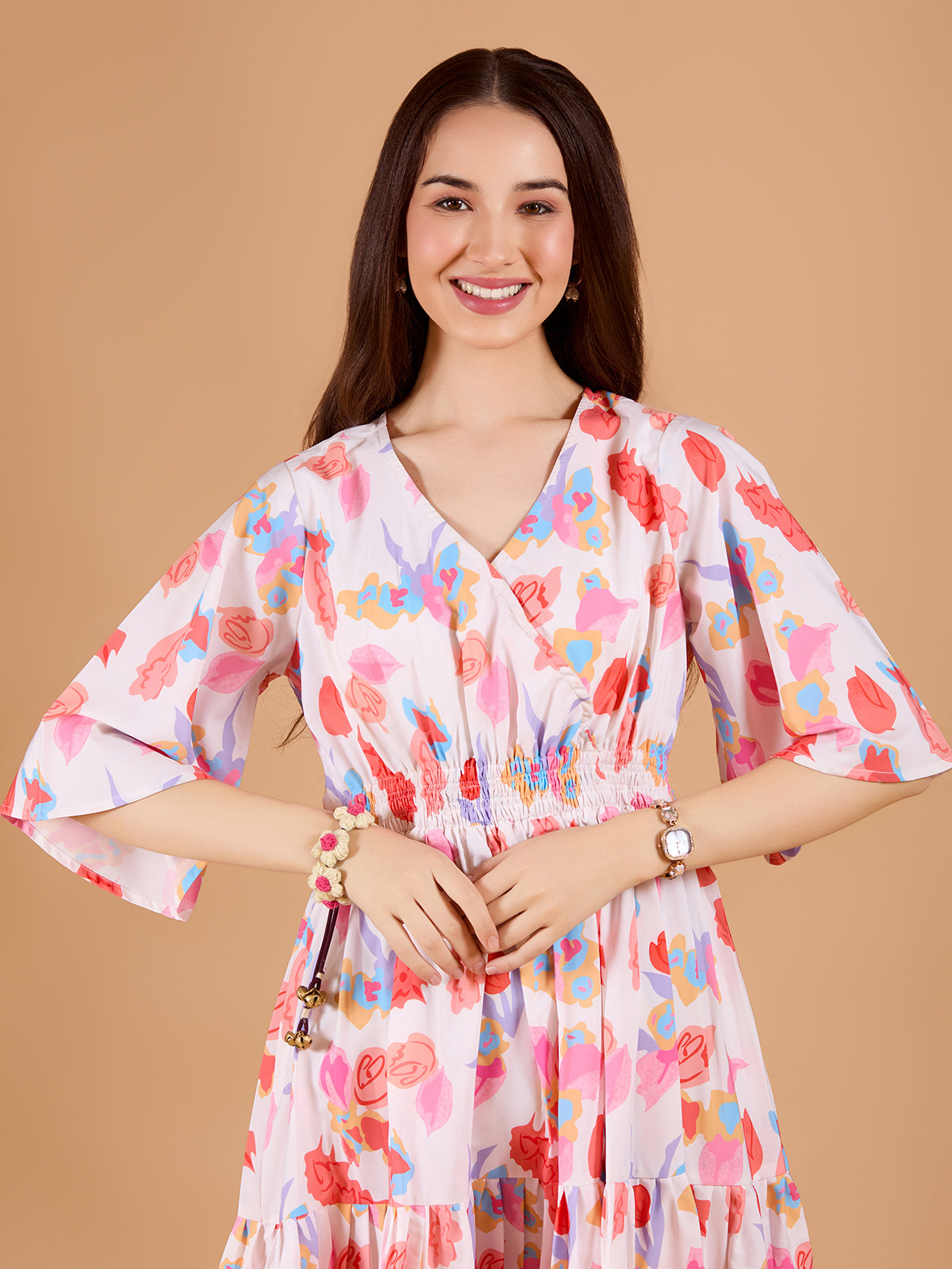 White V-Neck Poly Rayon Printed Dress With Kimono Sleeve