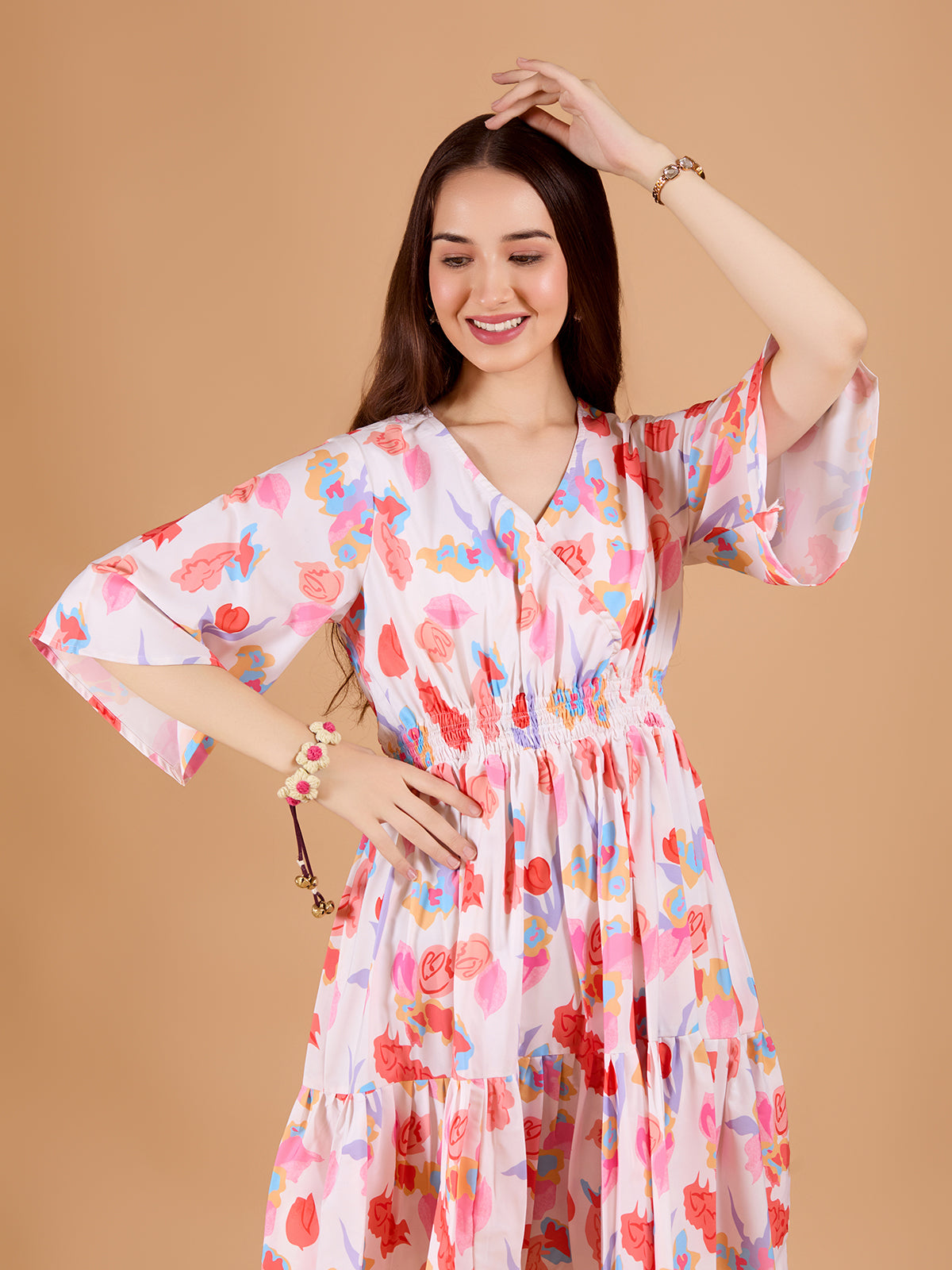 White V-Neck Poly Rayon Printed Dress With Kimono Sleeve