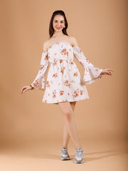 Off White Tube Poly Rayon Printed Dress With Bell Sleeve