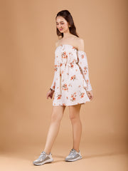 Off White Tube Poly Rayon Printed Dress With Bell Sleeve