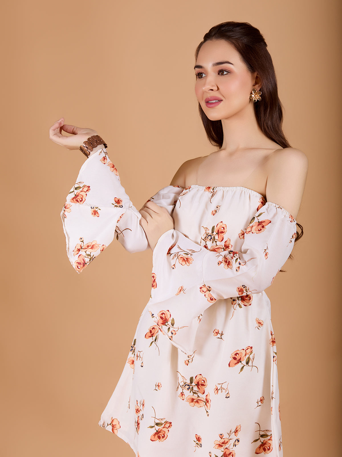 Off White Tube Poly Rayon Printed Dress With Bell Sleeve