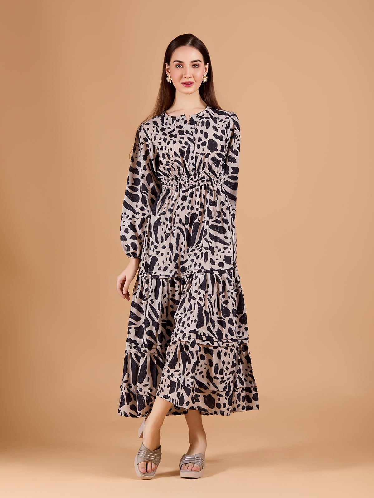 Beige Black Round Poly Rayon Printed Dress With Puff Sleeves