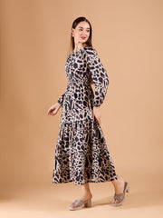 Beige Black Round Poly Rayon Printed Dress With Puff Sleeves