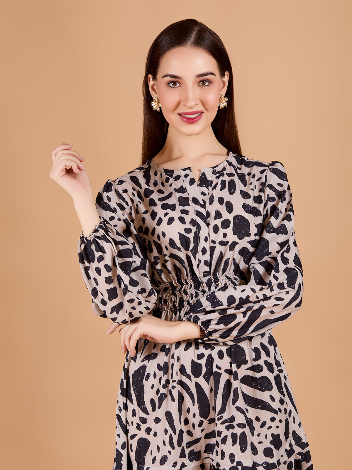 Beige Black Round Poly Rayon Printed Dress With Puff Sleeves