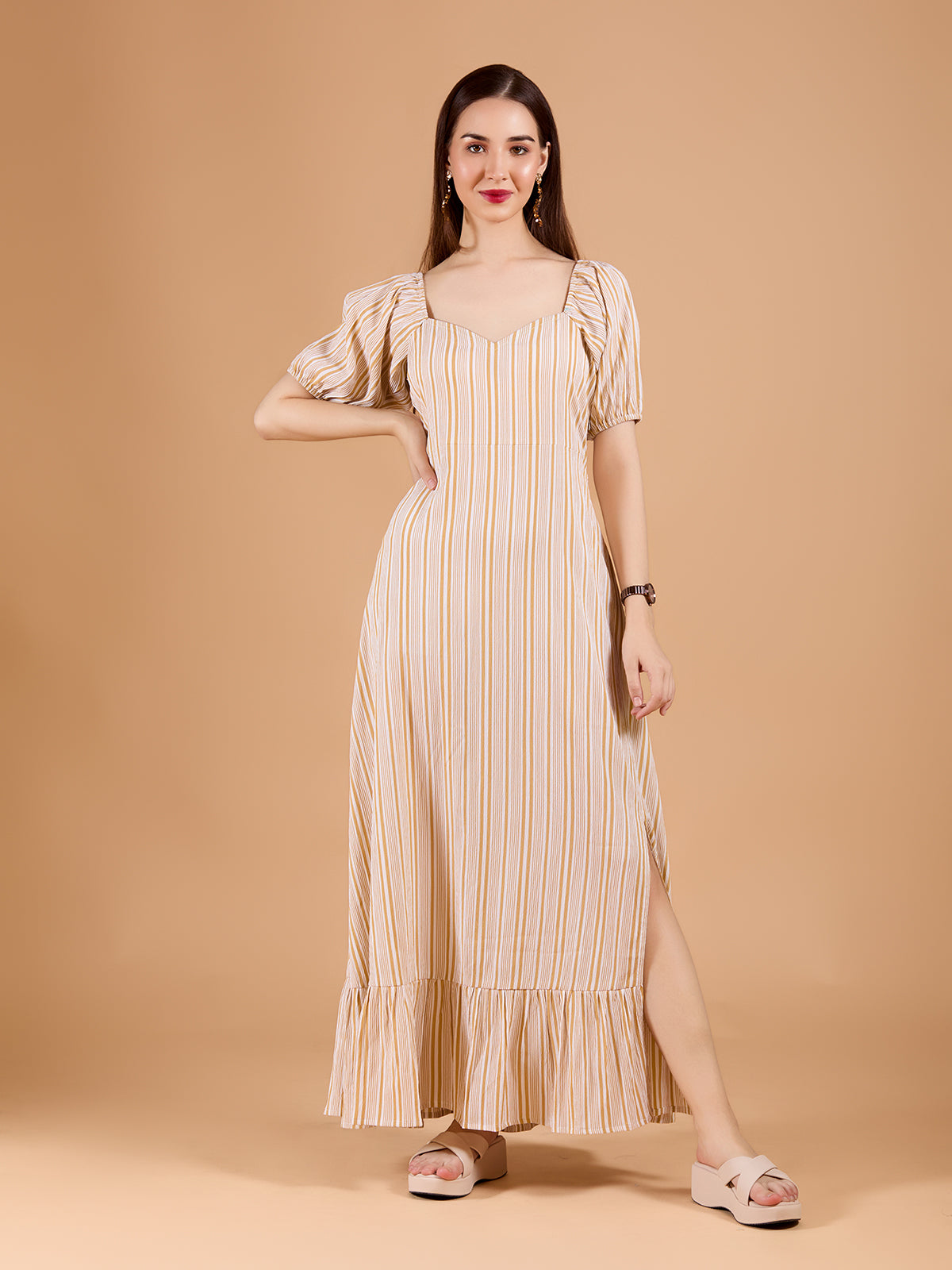 Beige V-Neck Poly Rayon Printed Dress With Puff Sleeves