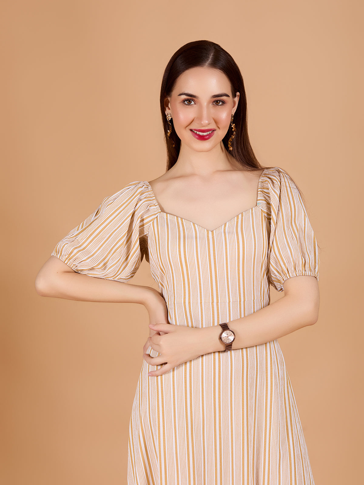 Beige V-Neck Poly Rayon Printed Dress With Puff Sleeves