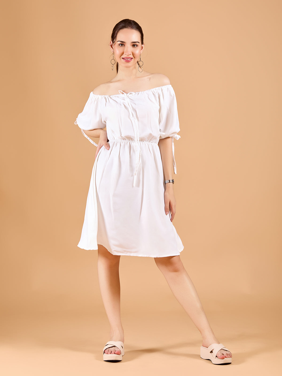 White Tube Poly Rayon Solid Dress With Off-shoulder