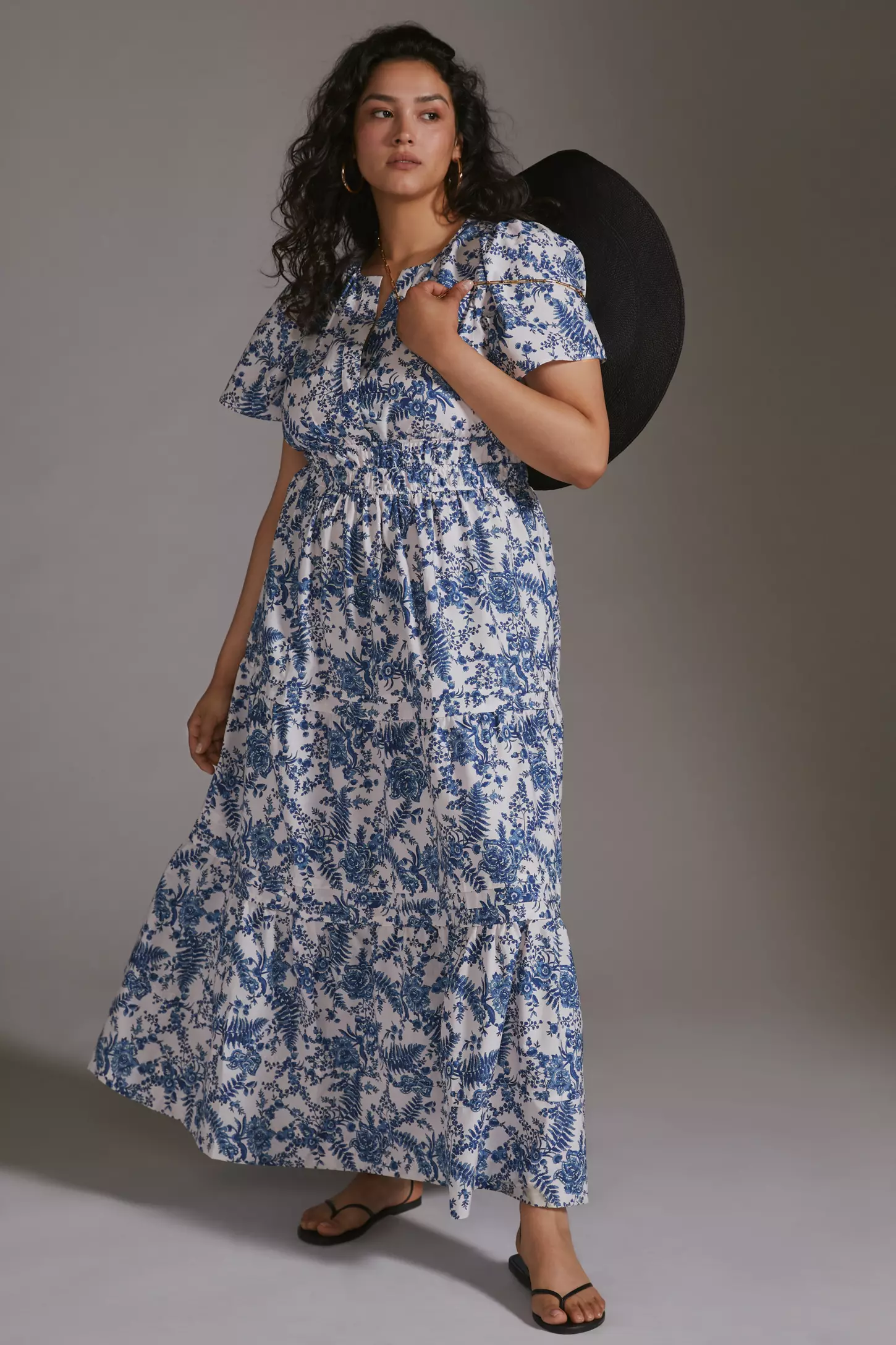 White Blue V-Neck Poly Rayon Printed Dress With Puff Sleeves