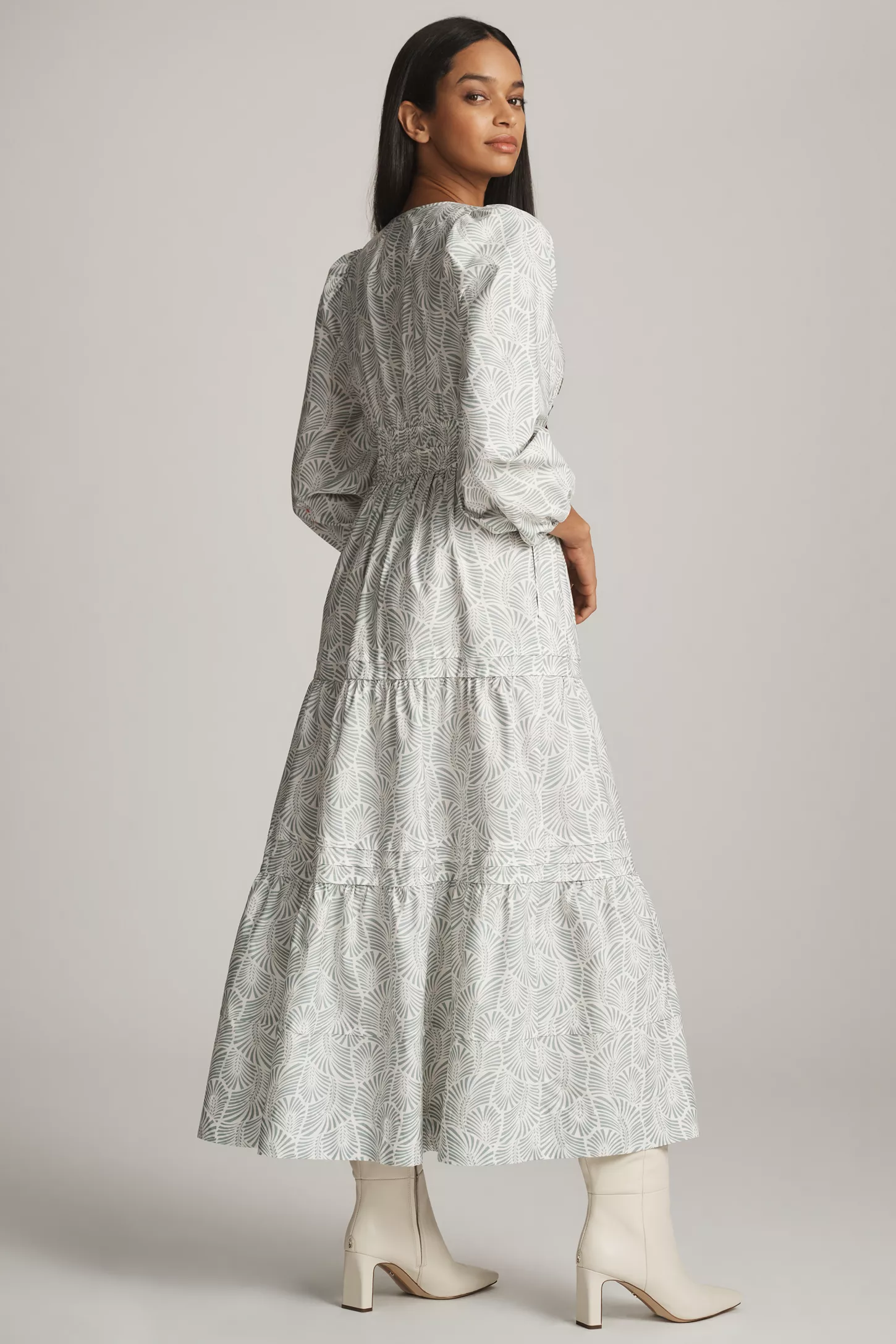 White Round Neck Poly Rayon Printed Dress With Puff Sleeves