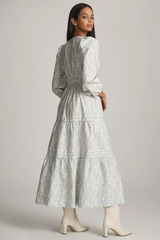 White Round Neck Poly Rayon Printed Dress With Puff Sleeves