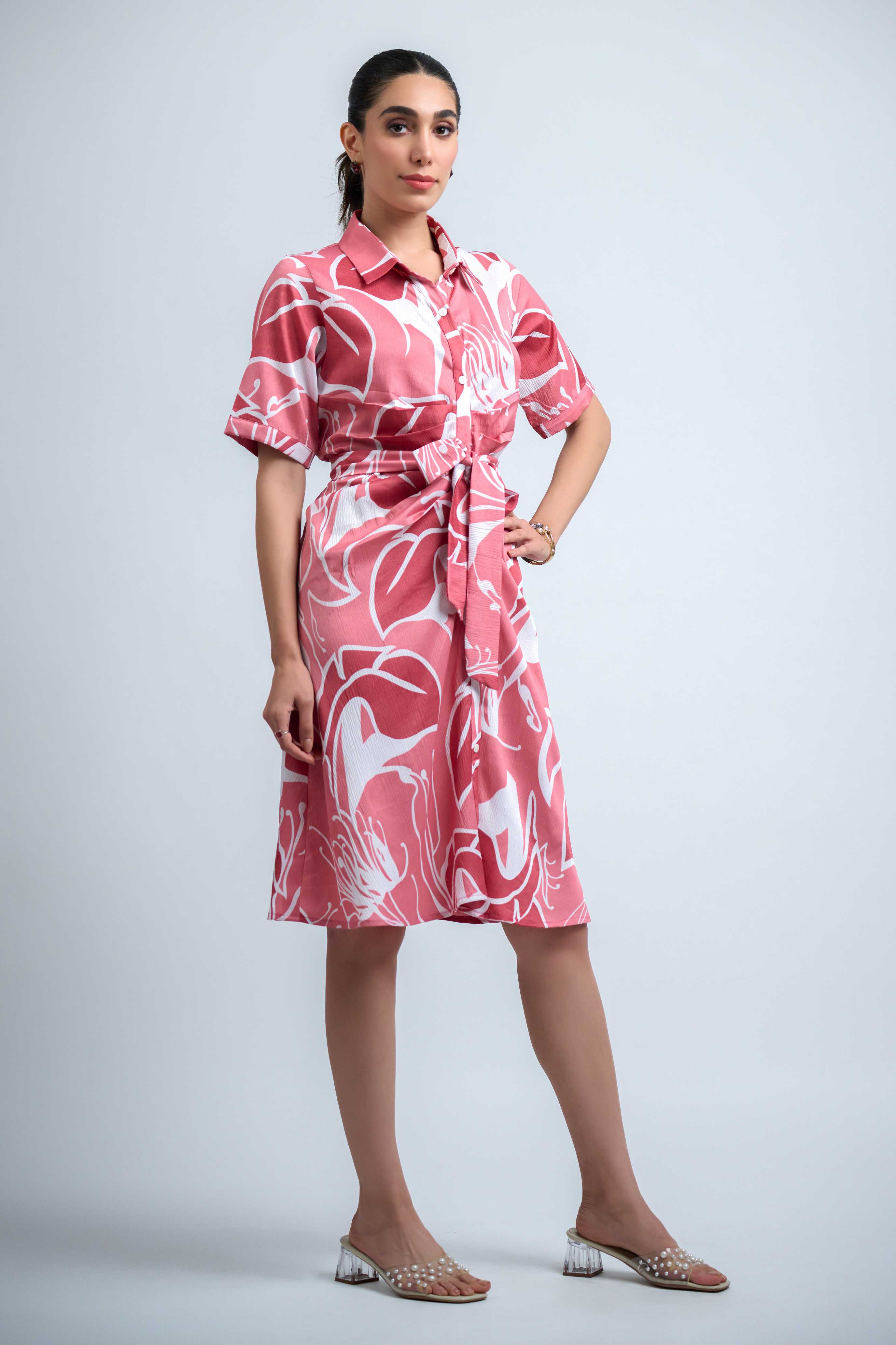 Peach-White Poly Crepe Point Collar Regular Sleeves Abstract Knee Length Dress