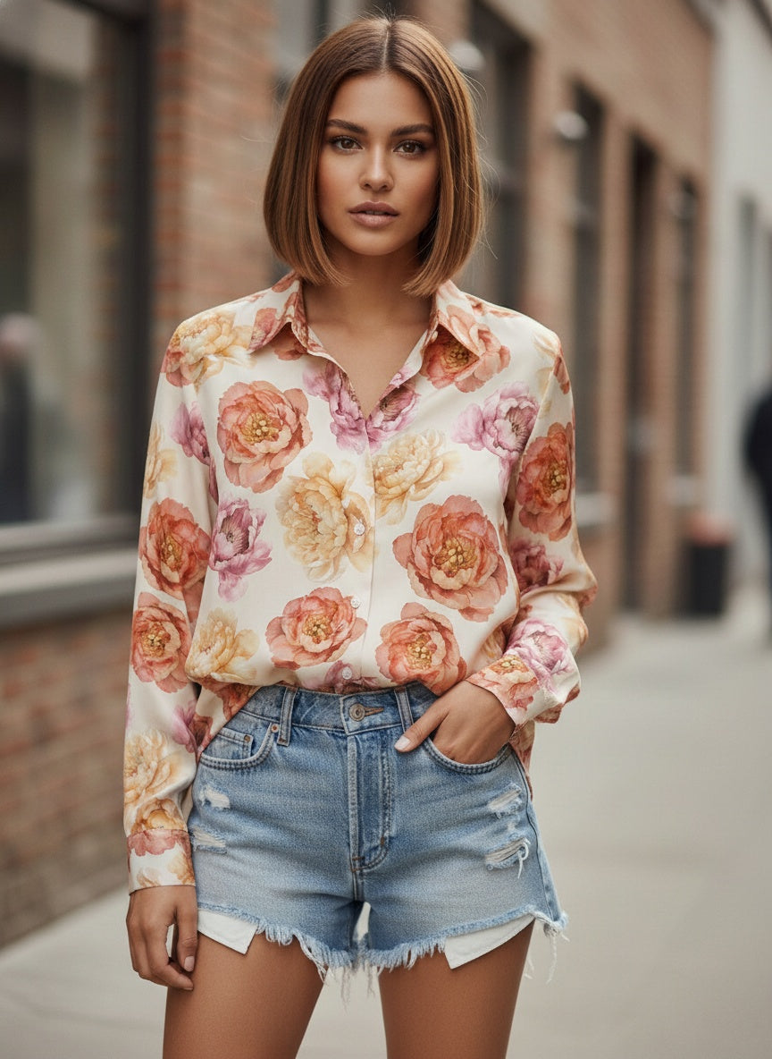 White Satin Printed Bohemian Womens Shirt