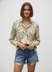 White Satin Printed Bohemian Collared Shirt