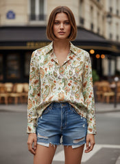 White Satin Printed Bohemian Collared Shirt