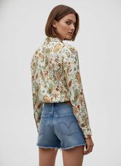 White Satin Printed Bohemian Collared Shirt