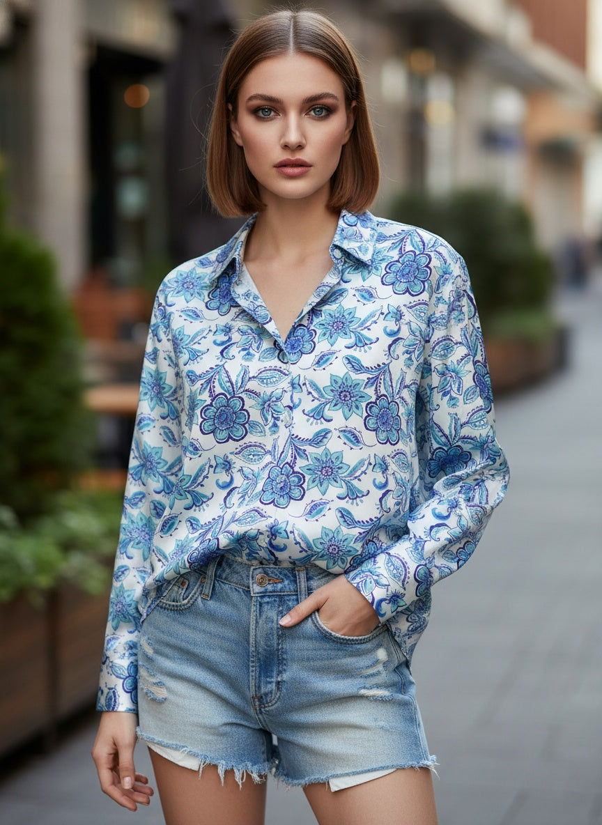 Blue & White Satin Printed Bohemian Shirt
