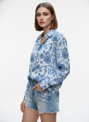 Blue & White Satin Printed Bohemian Shirt