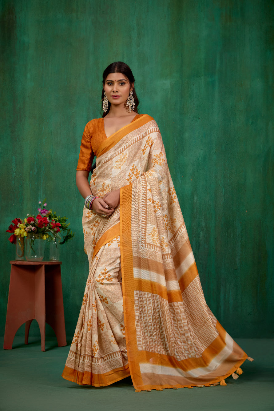 Cream Linen Printed Ready to Wear Saree