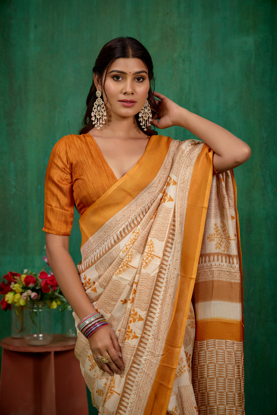 Cream Linen Printed Ready to Wear Saree