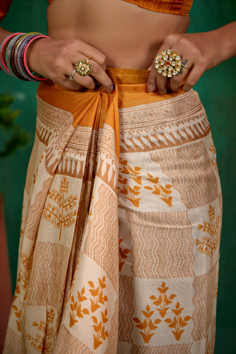 Cream Linen Printed Ready to Wear Saree