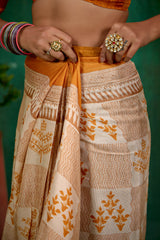 Cream Linen Printed Ready to Wear Saree