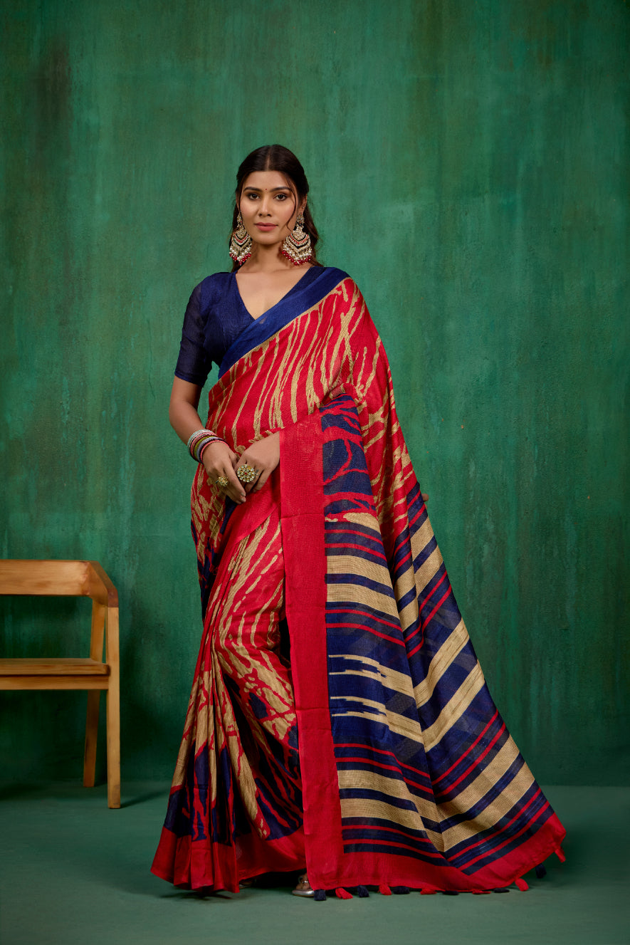 Red Linen Printed Ready to Wear Saree