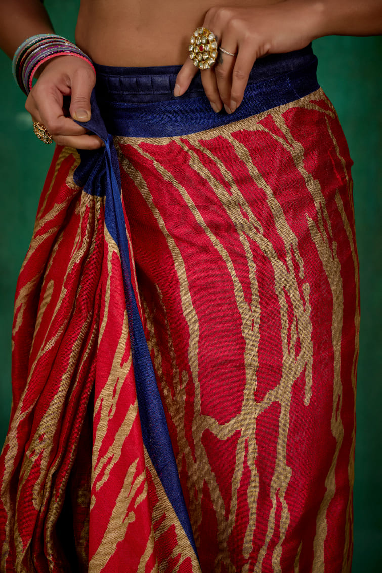 Red Linen Printed Ready to Wear Saree