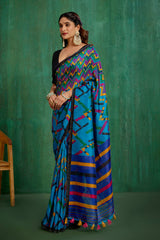 Teal Linen Printed Ready to Wear Saree