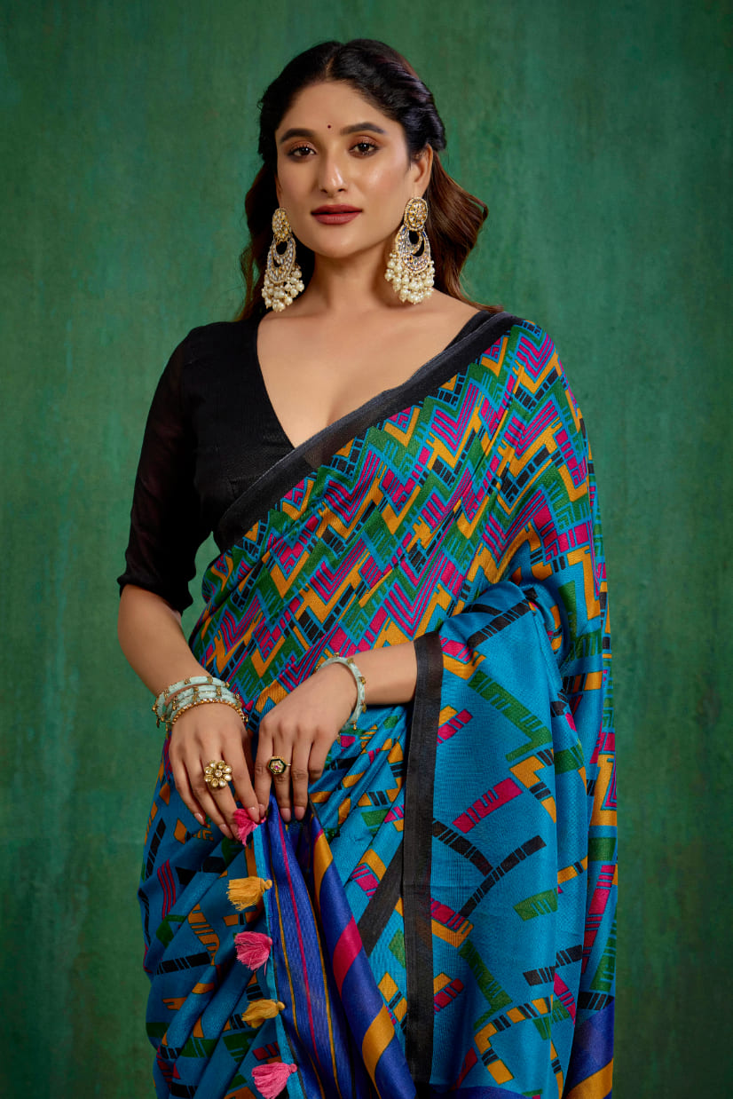 Teal Linen Printed Ready to Wear Saree