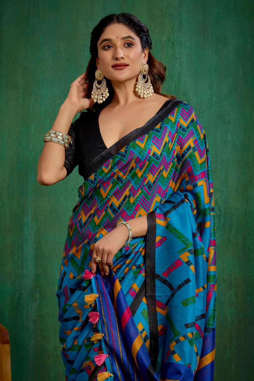 Teal Linen Printed Ready to Wear Saree