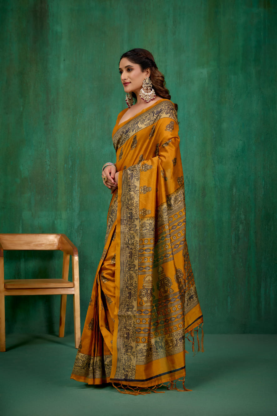 Mustard Mysore Art Silk Printed Ready to Wear Saree