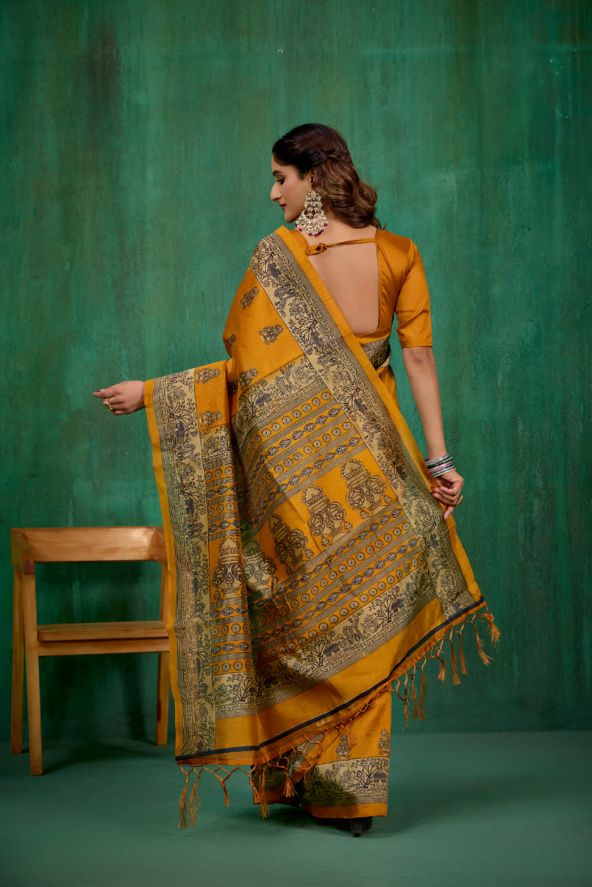 Mustard Mysore Art Silk Printed Ready to Wear Saree