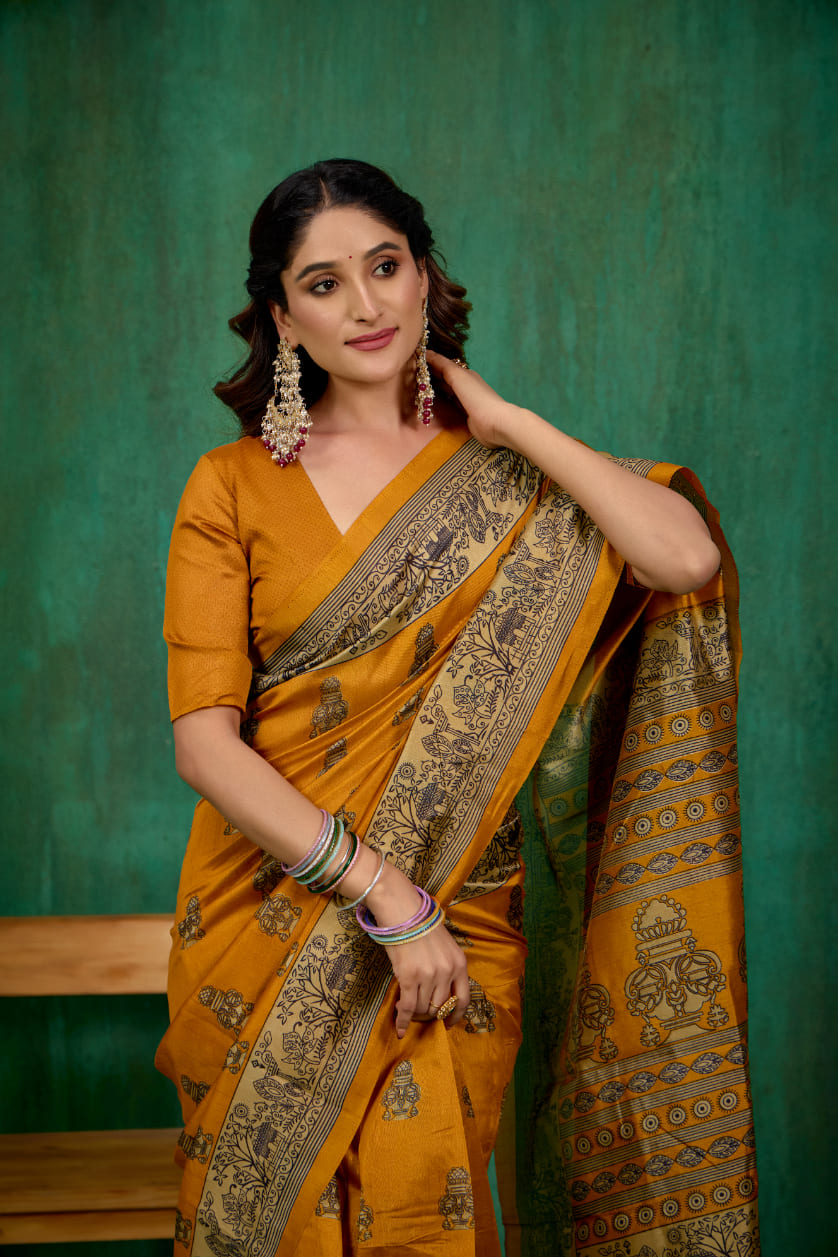 Mustard Mysore Art Silk Printed Ready to Wear Saree