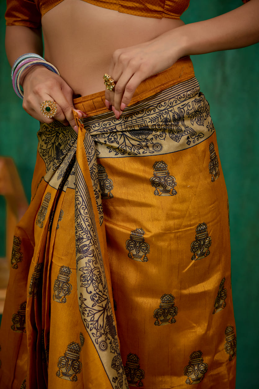 Mustard Mysore Art Silk Printed Ready to Wear Saree