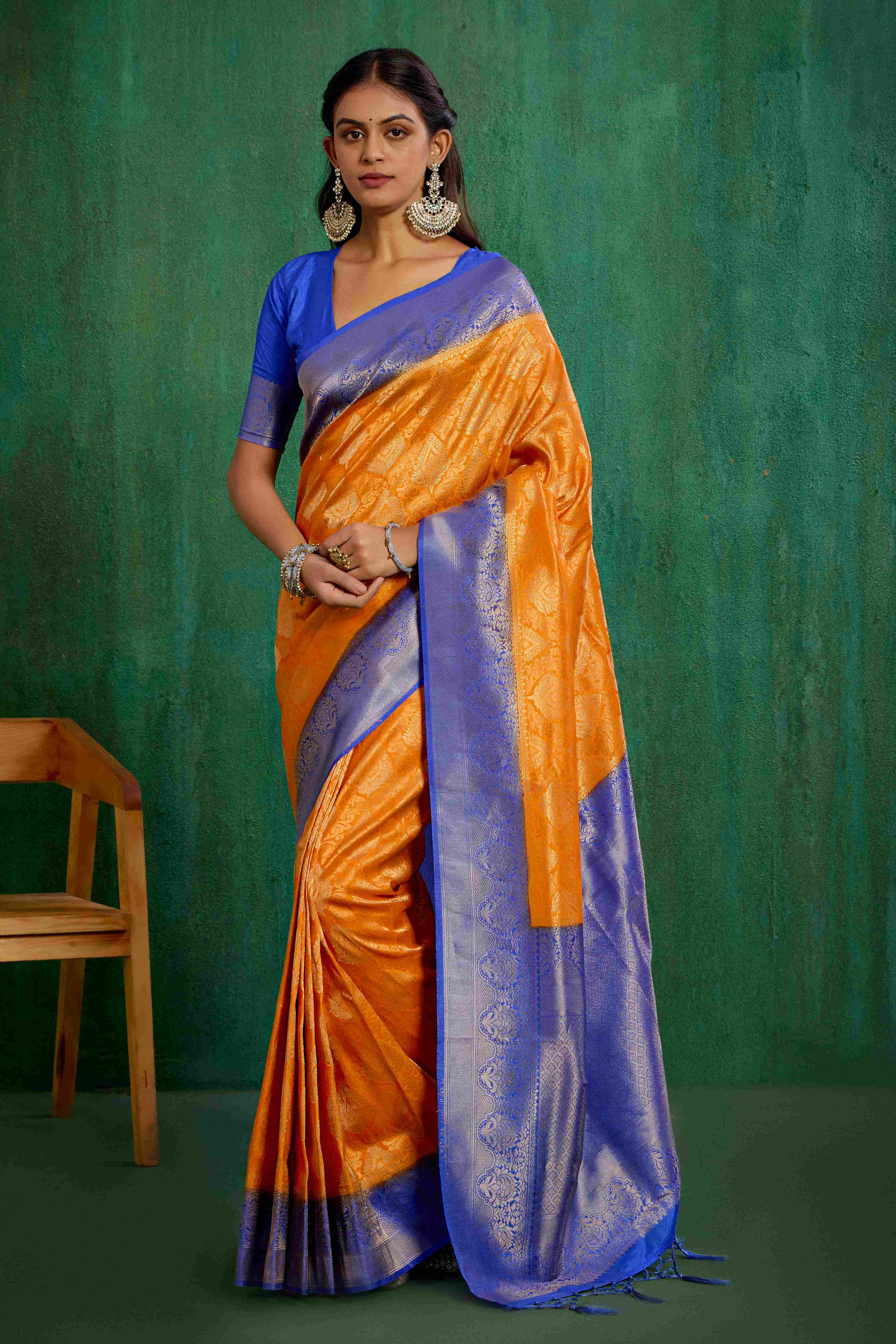 Sari tissé en soie d'art Banarasi orange