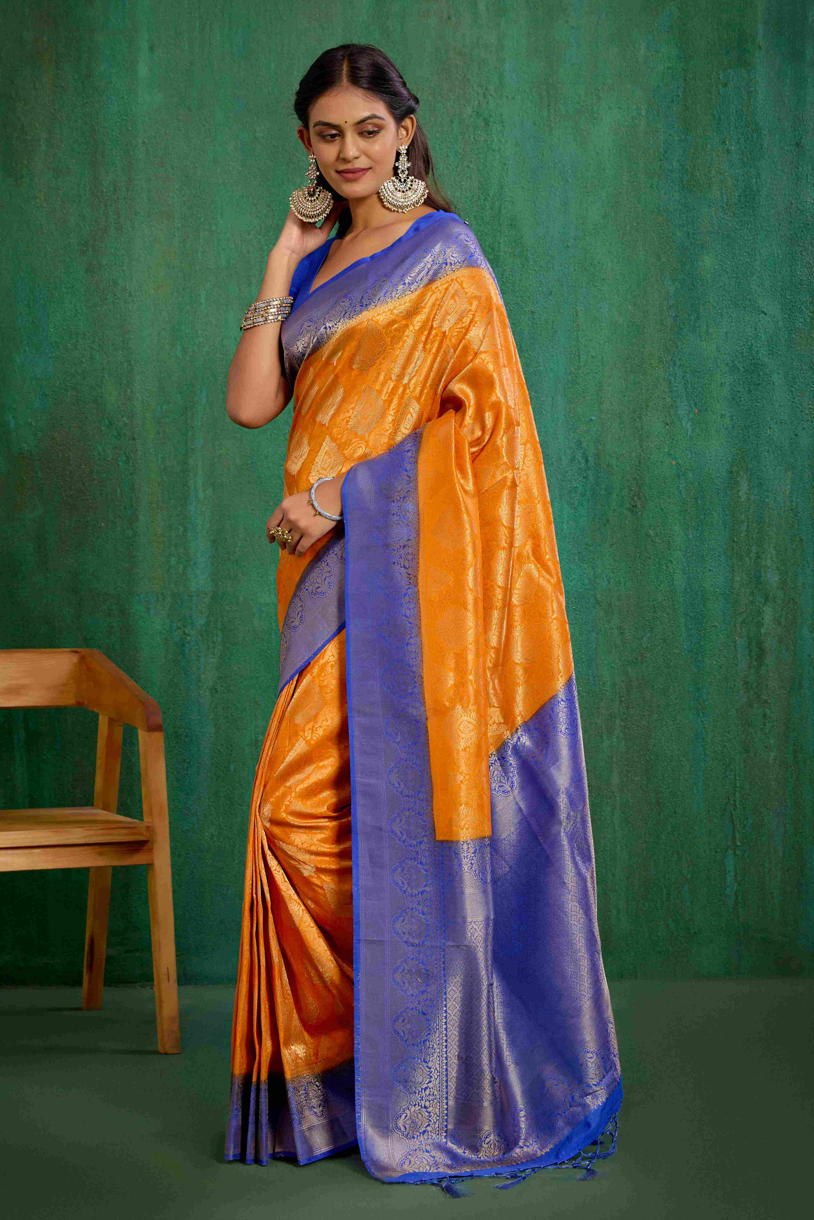 Sari tissé en soie d'art Banarasi orange