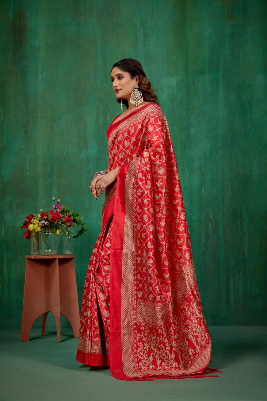 Red Mysore Art Silk Printed Ready to Wear Saree