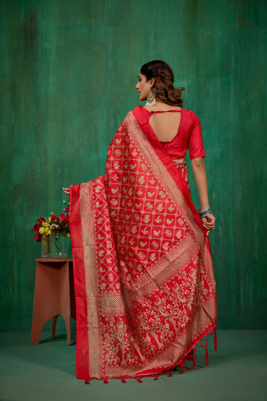 Red Mysore Art Silk Printed Ready to Wear Saree