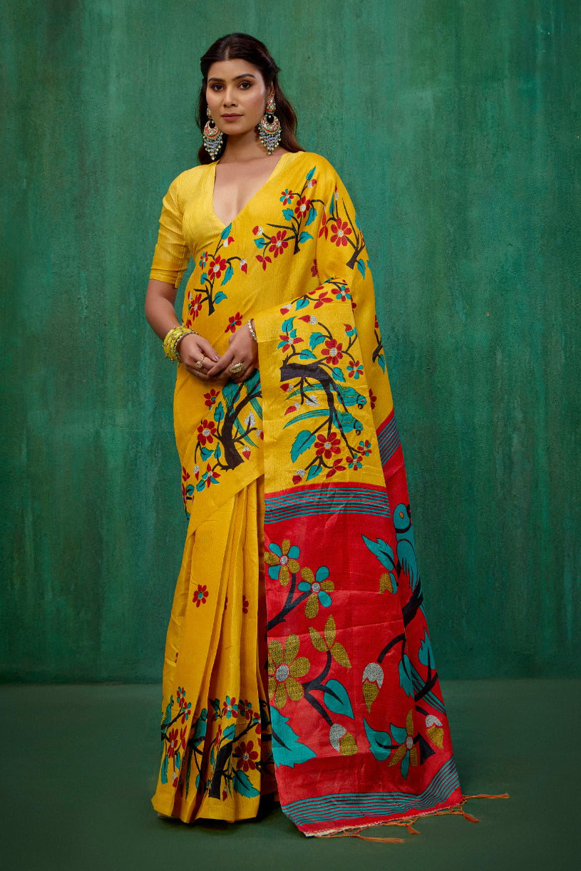 Mustard Mysore Art Silk Printed Ready to Wear Saree