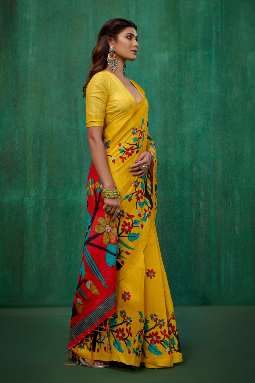 Mustard Mysore Art Silk Printed Ready to Wear Saree