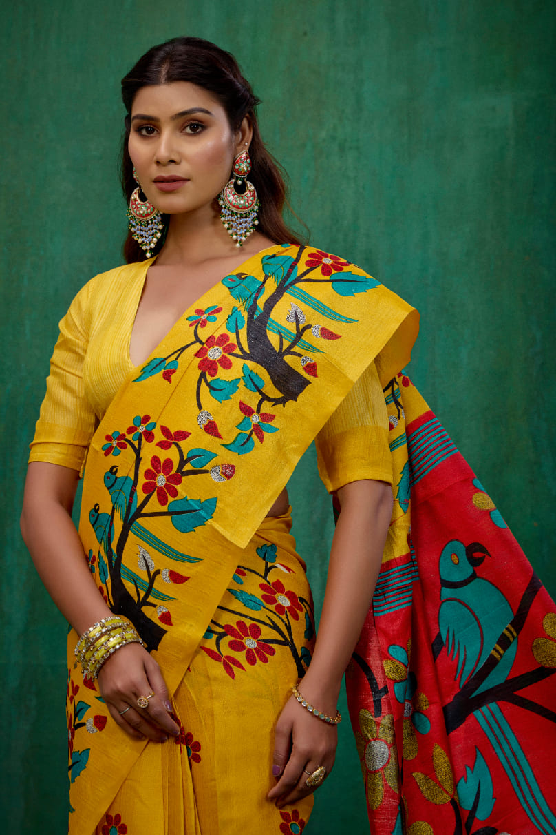 Mustard Mysore Art Silk Printed Ready to Wear Saree