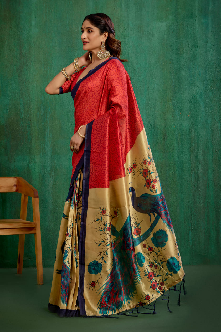 Red Mysore Art Silk Printed Ready to Wear Saree