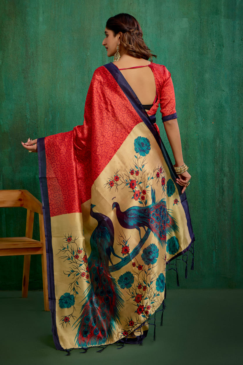 Red Mysore Art Silk Printed Ready to Wear Saree