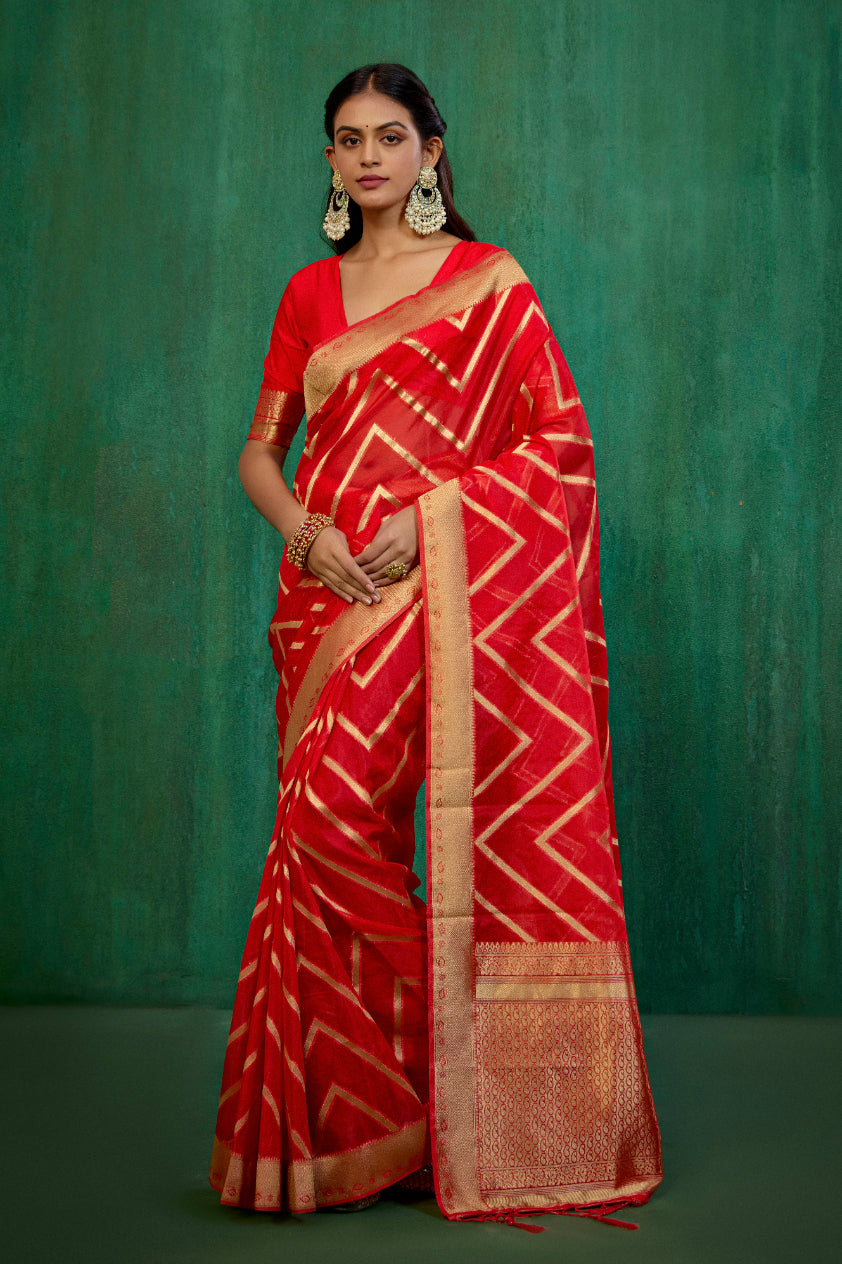 Red Organza Silk Woven Ready to Wear Saree